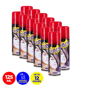 Party Central 12PCE Hair Spray Vibrant Red Long Lasting Non-Sticky 125ml