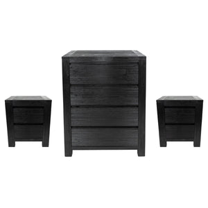 Tofino 3pc Bedside Tallboy Bedroom Set Storage Drawers Nightstand - Black