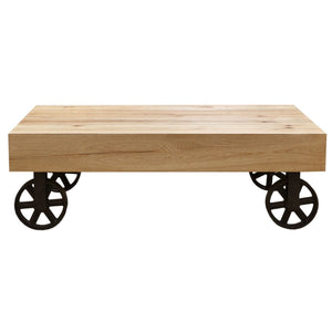 Ethan 120cm Coffee Table Trolley Wheel Veneer Solid Oak Top Metal Leg - Natural