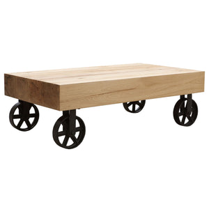 Ethan 120cm Coffee Table Trolley Wheel Veneer Solid Oak Top Metal Leg - Natural