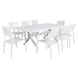 Percy 9pc 200cm Outdoor Trestle Dining Table Chair Set Aluminium Frame White