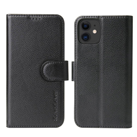 For iPhone 11 Case iCoverLover Black Genuine Cow Leather Wallet Folio Case