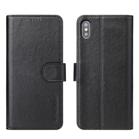For iPhone XS,X Cover,iCoverLover Genuine Cow Leather Wallet Flip Case,Black