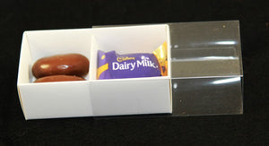 100 Pack of White Card Chocolate Sweet Soap Product Reatail Gift Box - 2 Bay Compartments - Clear Slide On Lid - 8x4x3cm