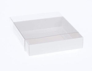 100 Pack of 10cm Square Invitation Coaster Favor Function product Presentation Cookie Biscuit Patisserie Gift Box - 4cm deep - White Card with Clear Slide On PVC Lid