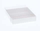 100 Pack of 10cm Square Invitation Coaster Favor Function product Presentation Cookie Biscuit Patisserie Gift Box - 4cm deep - White Card with Clear Slide On PVC Lid