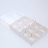 50 Pack of White Card Chocolate Sweet Soap Product Reatail Gift Box - 12 bay 4x4x3cm Compartments  - Clear Slide On Lid - 16x12x3cm