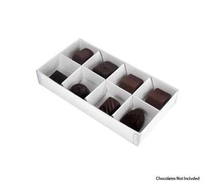 50 Pack of White Card Chocolate Sweet Soap Product Reatail Gift Box - 8 bay 3cm Compartments - Clear Slide On Lid - 16x8x3cm