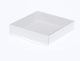 50 Pack of 10cm Square Invitation Coaster Favor Function product Presentation Cookie Biscuit Patisserie Gift Box - 2cm deep - White Card with Clear Slide On PVC Lid