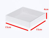 50 Pack of 15cm Square Invitation Coaster Favor Function product Presentation Cookie Biscuit Patisserie Gift Box - 4cm deep - White Card with Clear Slide On PVC Lid