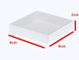 50 Pack of 8cm Square Wedding Invitation Coaster Favor Function product Presentation Cookie Biscuit Patisserie Gift Box - 2cm deep - White Card with Clear Slide On PVC Lid