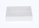 50 Pack of White Card Square Box - Clear Slide On Lid - 20 x 20 x 8cm -  Large Beauty Product Gift Giving Hamper Tray Merch Fashion Cake Sweets Xmas