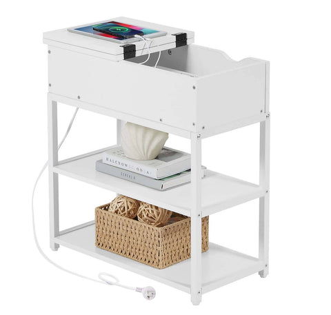 Casadiso Bedside Table with Powerboard - Multi-Tier Sleek White Side Table with Charging Station (Casadiso Saiph Pro)