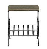 Black Iron Narrow Side Table with Magazine Storage and Gold Finish Top