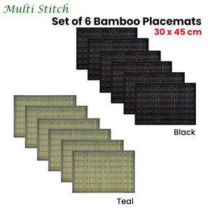 Set of 6 Multi Stitch Bamboo Table Placemats 30 x 45cm Black