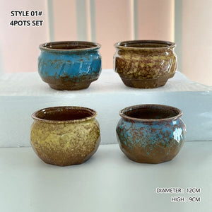 4/5/6 Pots Set Ceramic Clay Pottery Pots Succulent Flower Planter Draining Hole(Style 01# 4 Pots Set)