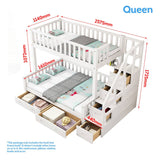 Mason Taylor Bunk Bed Frame Solid Pine Timber Safety Rails Big Storage - White - QUEEN