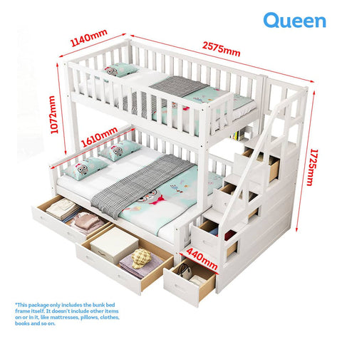 Mason Taylor Bunk Bed Frame Solid Pine Timber Safety Rails Big Storage - White - QUEEN