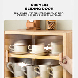 Bamboo Dustproof Cup Storage Cabinet with Sliding Acrylic Door