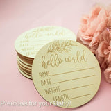 Hello World Baby Birth Announcement Plaque Wooden Disc Introducing Name Card