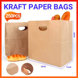 250x Carry Bags Disposable Kraft Paper Bags Takeaway Food Craft Gift Market Bags