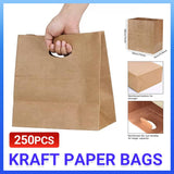 250x Carry Bags Disposable Kraft Paper Bags Takeaway Food Craft Gift Market Bags