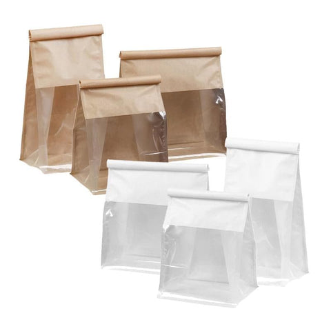 100x Kraft Paper Cake Bags with Window - Flat Bottom Bread Packaging