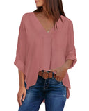 Azura Exchange V Neck 3/4 Sleeve High Low Hem Shirt - 2XL