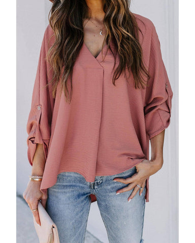 Azura Exchange V Neck 3/4 Sleeve High Low Hem Shirt - XL