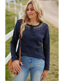 Azura Exchange Embroidered Navy Blue Waffle Top - M