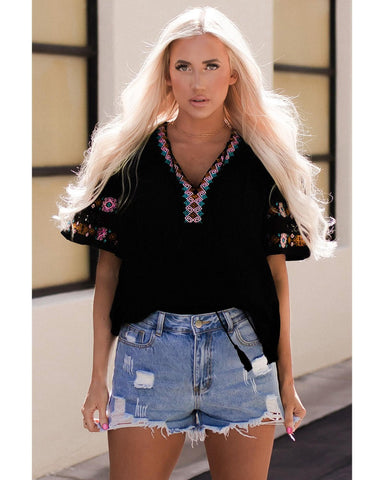 Azura Exchange Embroidered V Neck Top with Tassel Drawstring - L