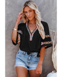 Azura Exchange Embroidered V Neck Top with Tassel Drawstring - L