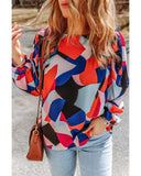 Azura Exchange Ruffled Puff Sleeve Abstract Pattern Blouse - M