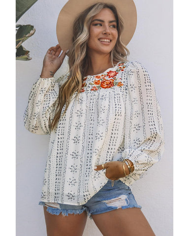 Azura Exchange Long Sleeve Embroidered Print Blouse - L