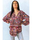 Azura Exchange V Neck Long Sleeve Blouse with Floral Print - XL