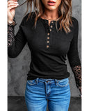 Azura Exchange Lace Hem Sleeve Button Top - L