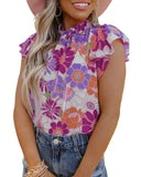 Azura Exchange Flutter Sleeves Floral Top with Stand Collar - S