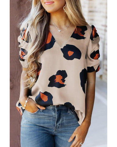 Azura Exchange Ruched Short Sleeve Leopard Print Blouse - S