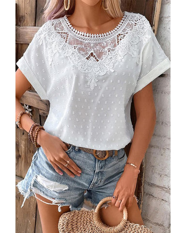 Azura Exchange Lace Swiss Dot Cuffed Sleeves Top - S