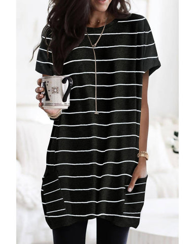 Azura Exchange Striped Print Side Pockets Short Sleeve Tunic Top - M