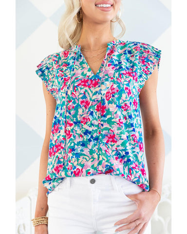 Azura Exchange Pleated Flutter Sleeve Tie V Neck Floral Blouse - L