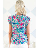 Azura Exchange Pleated Flutter Sleeve Tie V Neck Floral Blouse - L