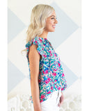 Azura Exchange Pleated Flutter Sleeve Tie V Neck Floral Blouse - L