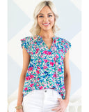 Azura Exchange Pleated Flutter Sleeve Tie V Neck Floral Blouse - L