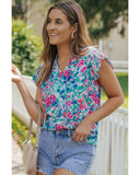 Azura Exchange Pleated Flutter Sleeve Tie V Neck Floral Blouse - L