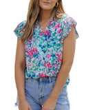 Azura Exchange Pleated Flutter Sleeve Tie V Neck Floral Blouse - L