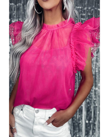 Azura Exchange Ruffle Tulle Flutter Sleeve Blouse - XL