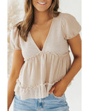 Azura Exchange Waffle Patchwork Frilled V Neck Blouse - L