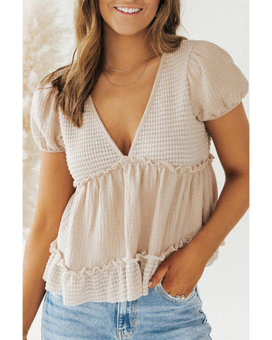 Azura Exchange Waffle Patchwork Frilled V Neck Blouse - L