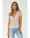 Azura Exchange Waffle Patchwork Frilled V Neck Blouse - L